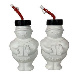 Vintage Pair of Snowden the Snowman Plastic Drink Cups Red Straws Black Lids
